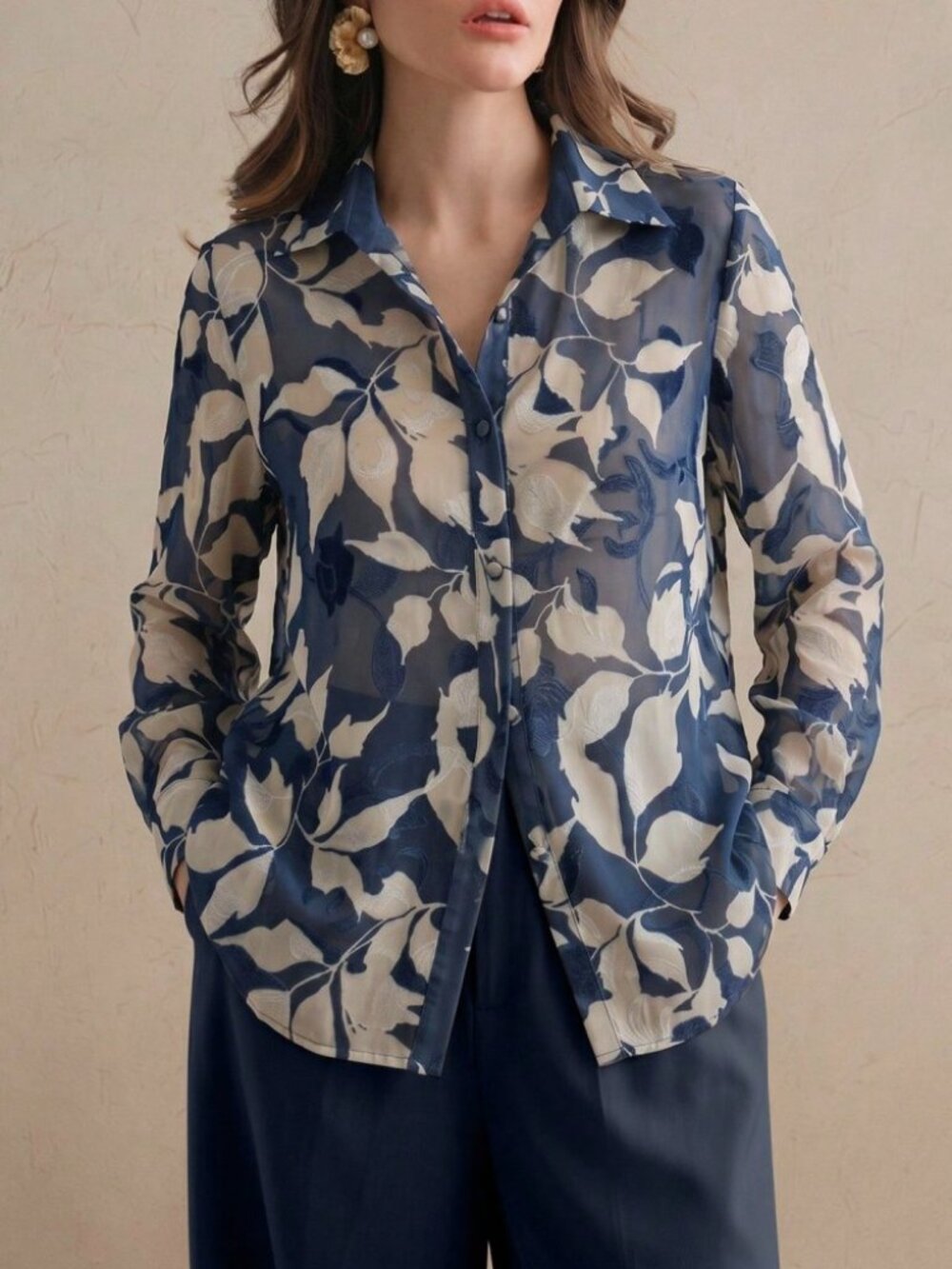 Navy & Cream Sheer Leaf Print Button-Front Blouse